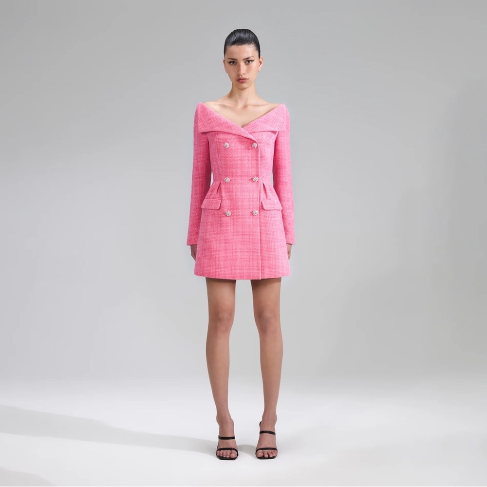 NWT Self-Portrait Women's Crystal Pink Boucle Tweed Mini Dress US 10 UK 14